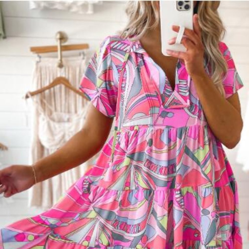 Pink Abstract Geometric Print Tassel Tie Flared Dress